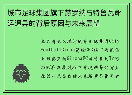 城市足球集团旗下赫罗纳与特鲁瓦命运迥异的背后原因与未来展望